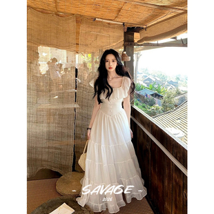 26度假风长裙纯欲小女人方领荷叶边收腰A字中长款 连衣裙A25230