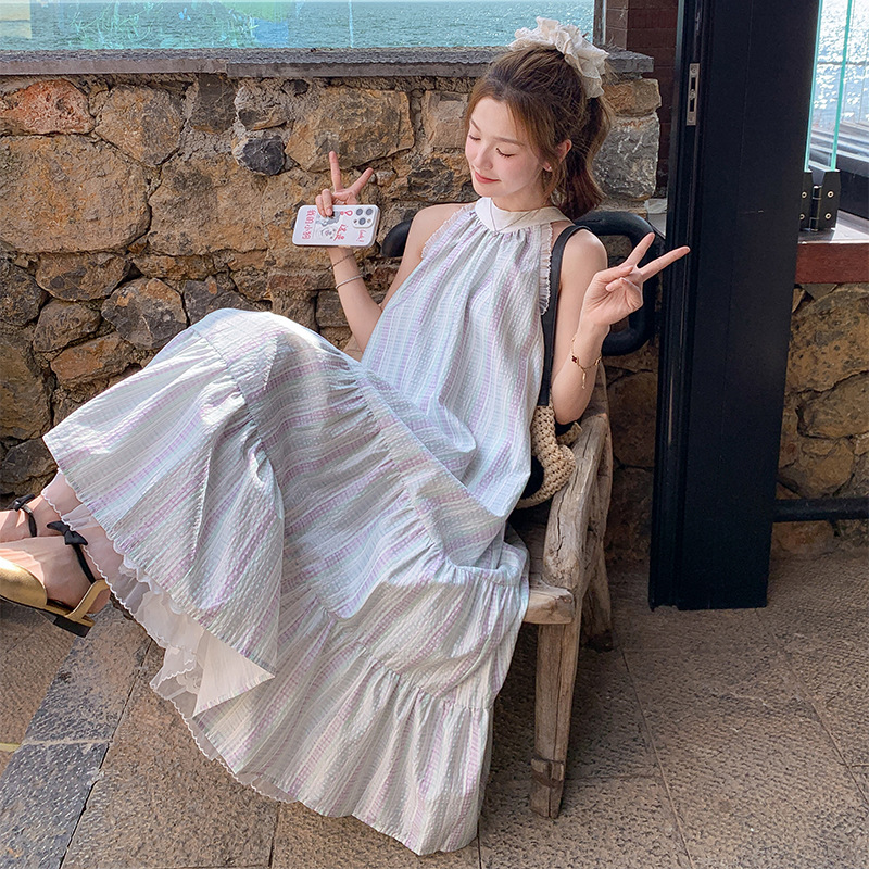 蓝色无袖连衣裙女夏季2025新款海边度假高级感法式气质绝美长