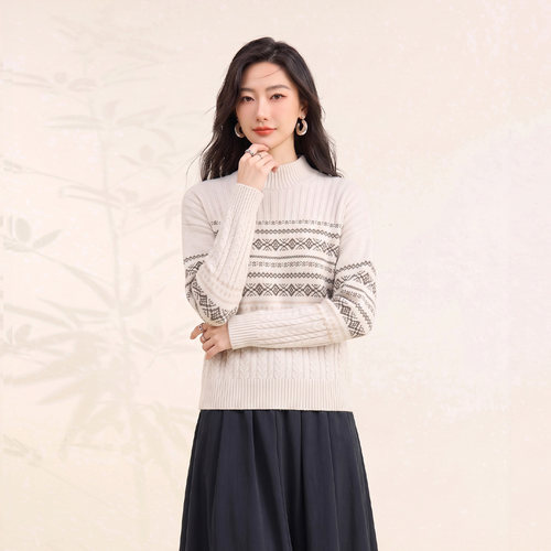 春竹费尔岛花型100%羊毛衫女款