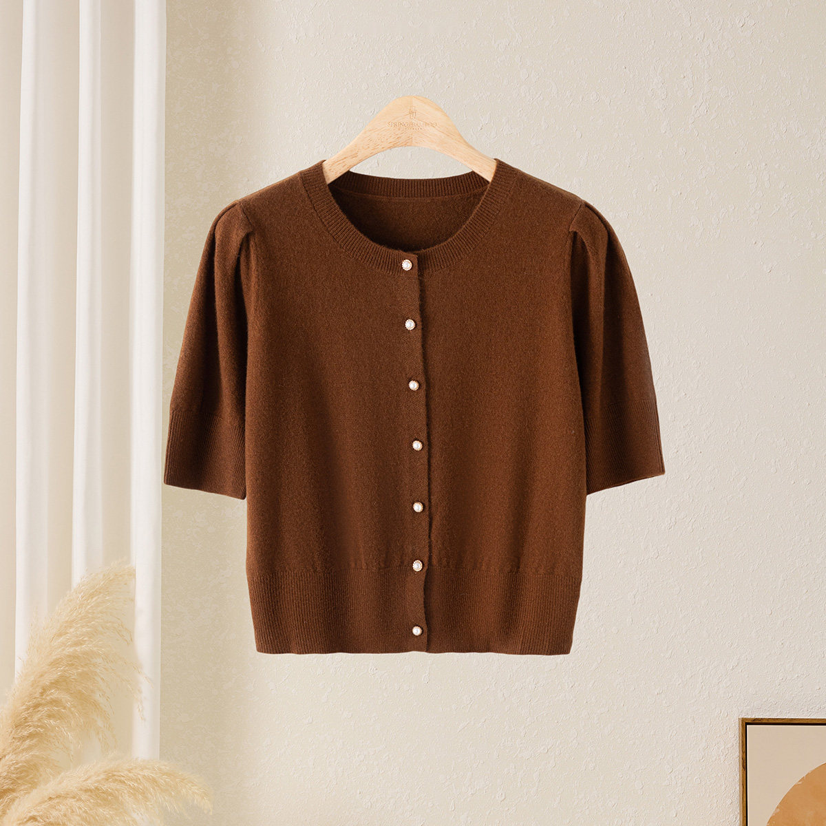 【纯羊毛】春竹春季新款圆领休闲通勤上衣短袖针织开衫女短款外套