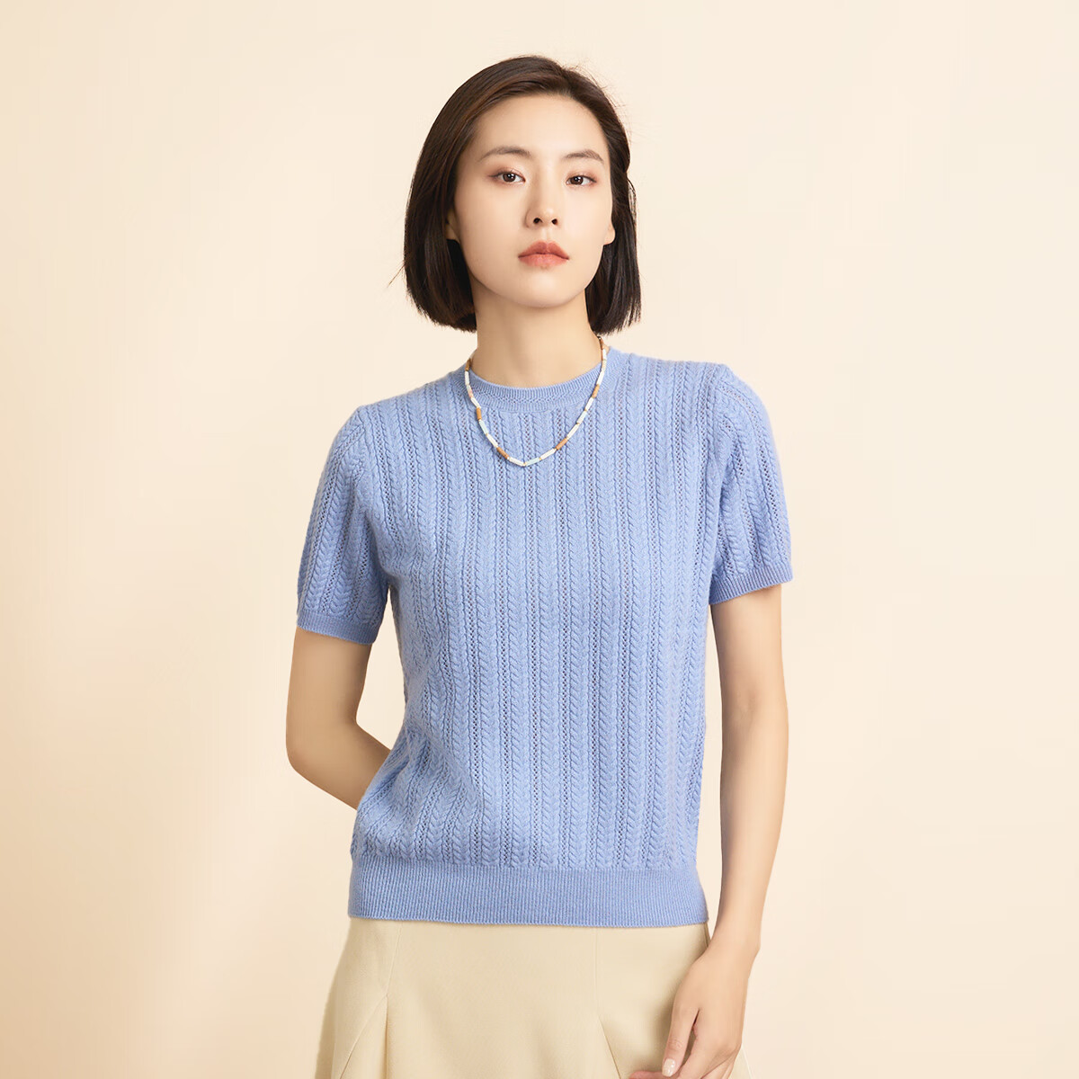 春竹2025秋冬新款100%山羊绒百搭短袖女针织设计款套头圆领女上衣