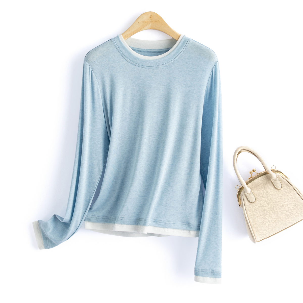 春竹25年秋季新款桑蚕丝混纺圆领假两件时尚减龄长袖休闲女针织衫