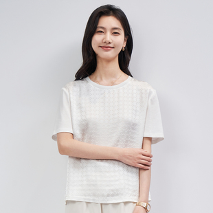 春竹夏季 真丝上衣 新款 100%桑蚕丝圆领T恤女洋气减龄百搭提花半袖