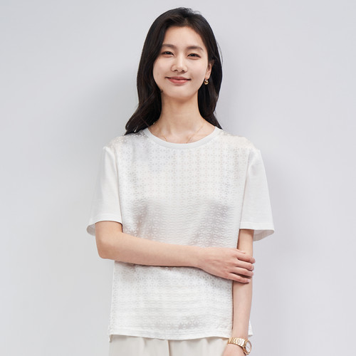 春竹100%桑蚕丝提花圆领T恤女