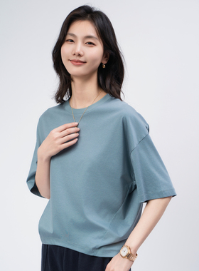 春竹26春夏新款含桑蚕丝上衣休闲百搭女简约宽松纯色圆领短袖T恤