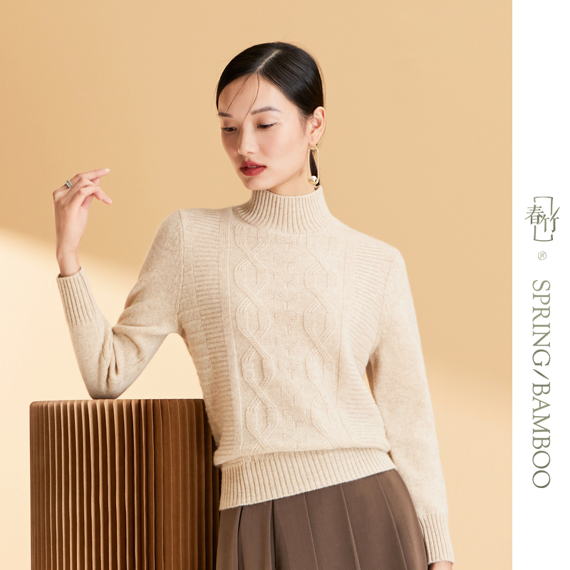 春竹2025秋冬新款100%山羊绒半高领宽松软糯针织保暖套头羊绒衫女