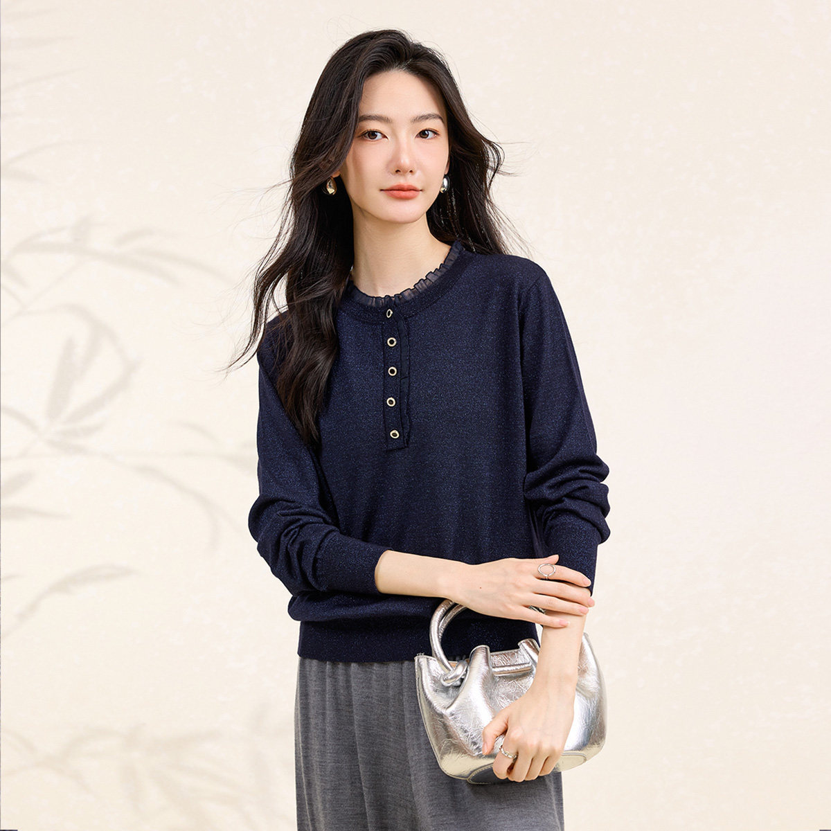 【美丽诺羊毛】春竹春季新款高级感圆领蕾丝优雅减龄保暖女羊毛衫