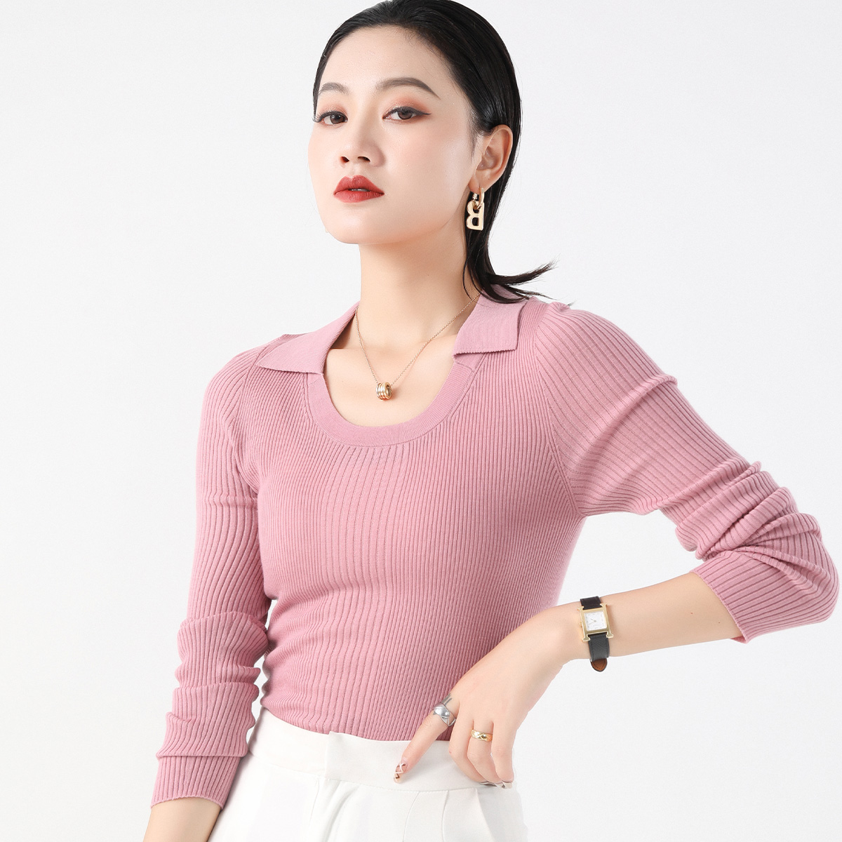 春竹正品精纺100%绵羊毛翻领羊毛衫女修身显瘦打底衫长袖内搭上衣