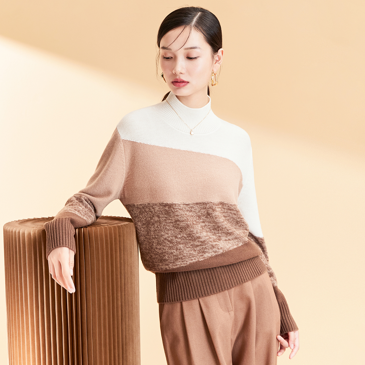 春竹2025秋冬新款100%绵羊毛半高领女套衫撞色毛衣百搭针织羊毛衫