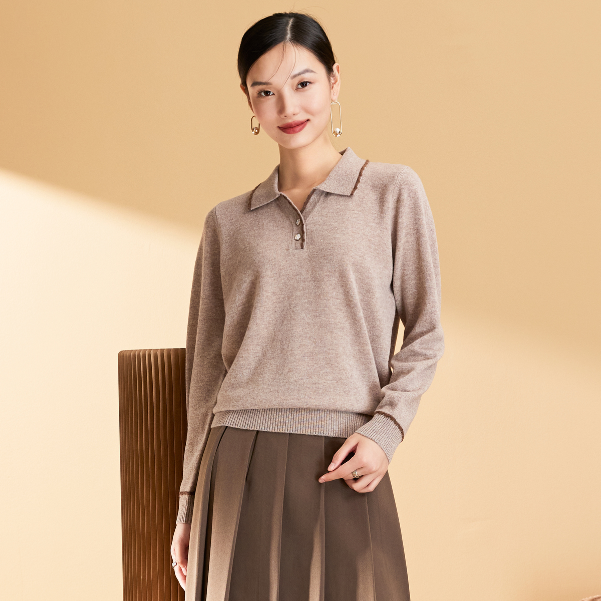 春竹2025秋冬新款POLO领羊毛衫宽松气质减龄针织衫保暖上衣毛衣女