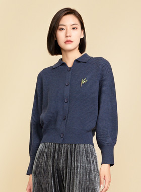 SPRING BAMBOO/春竹秋冬新款羊毛衫女百搭休闲针织保暖翻领女开衫