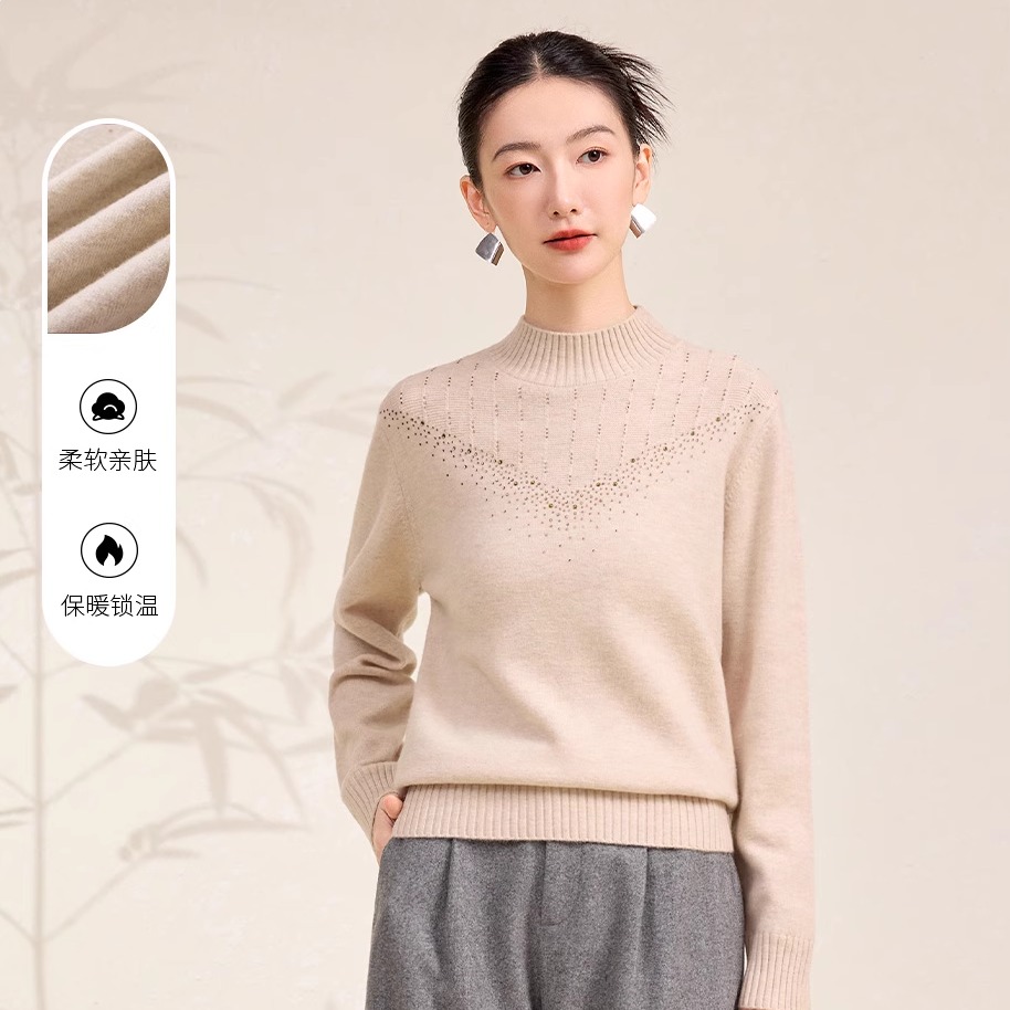 春竹秋冬新款100%绵羊毛加厚半高领提花钻饰减龄洋气高级女羊毛衫