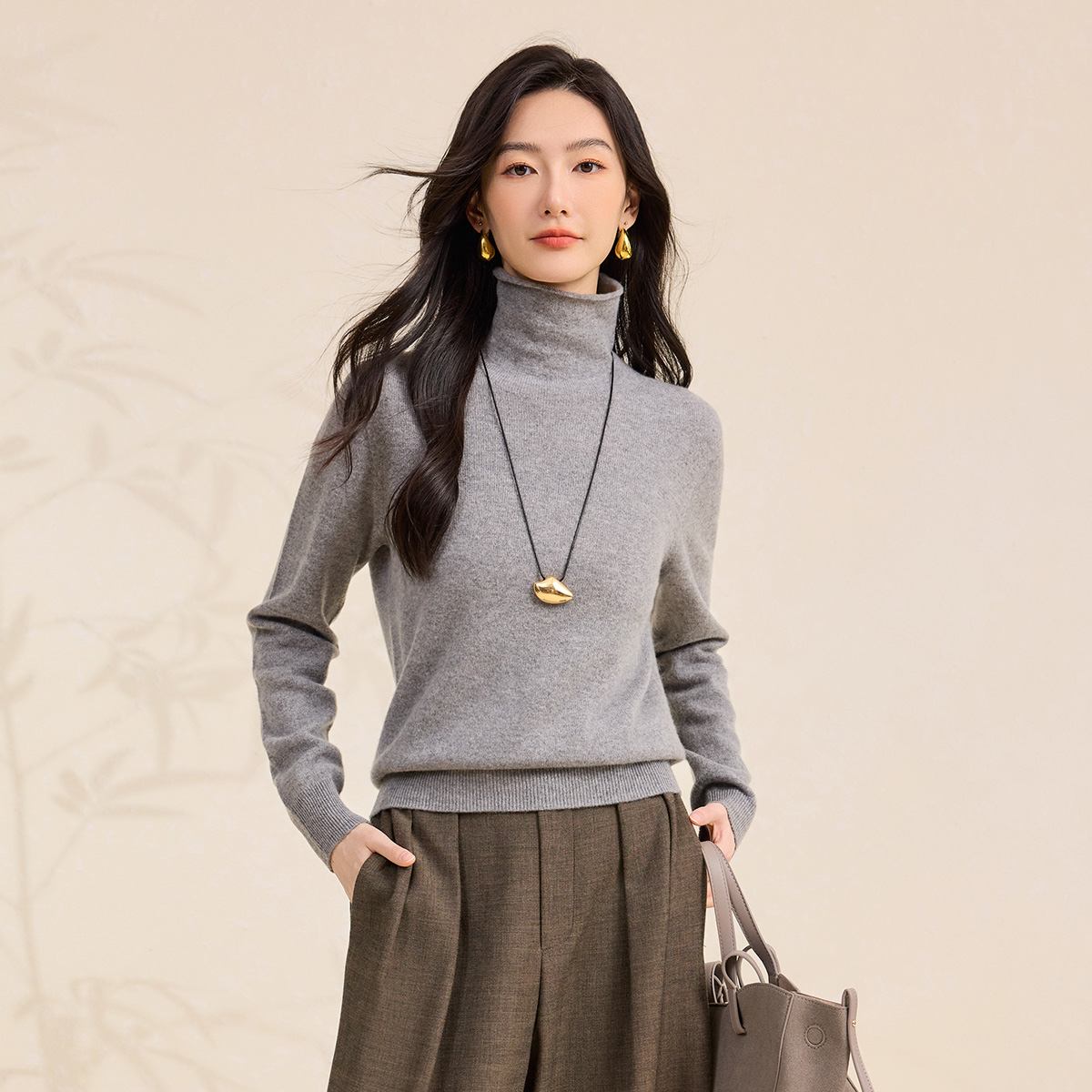 春竹30羊绒羊毛混纺无缝堆堆领秋冬新款保暖减龄休闲纯色女羊绒衫