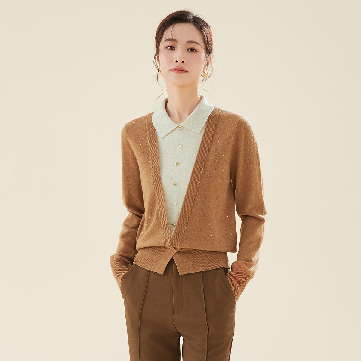 春竹春季新款12针超细100%绵羊毛假两件翻领洋气减龄时尚羊毛衫女