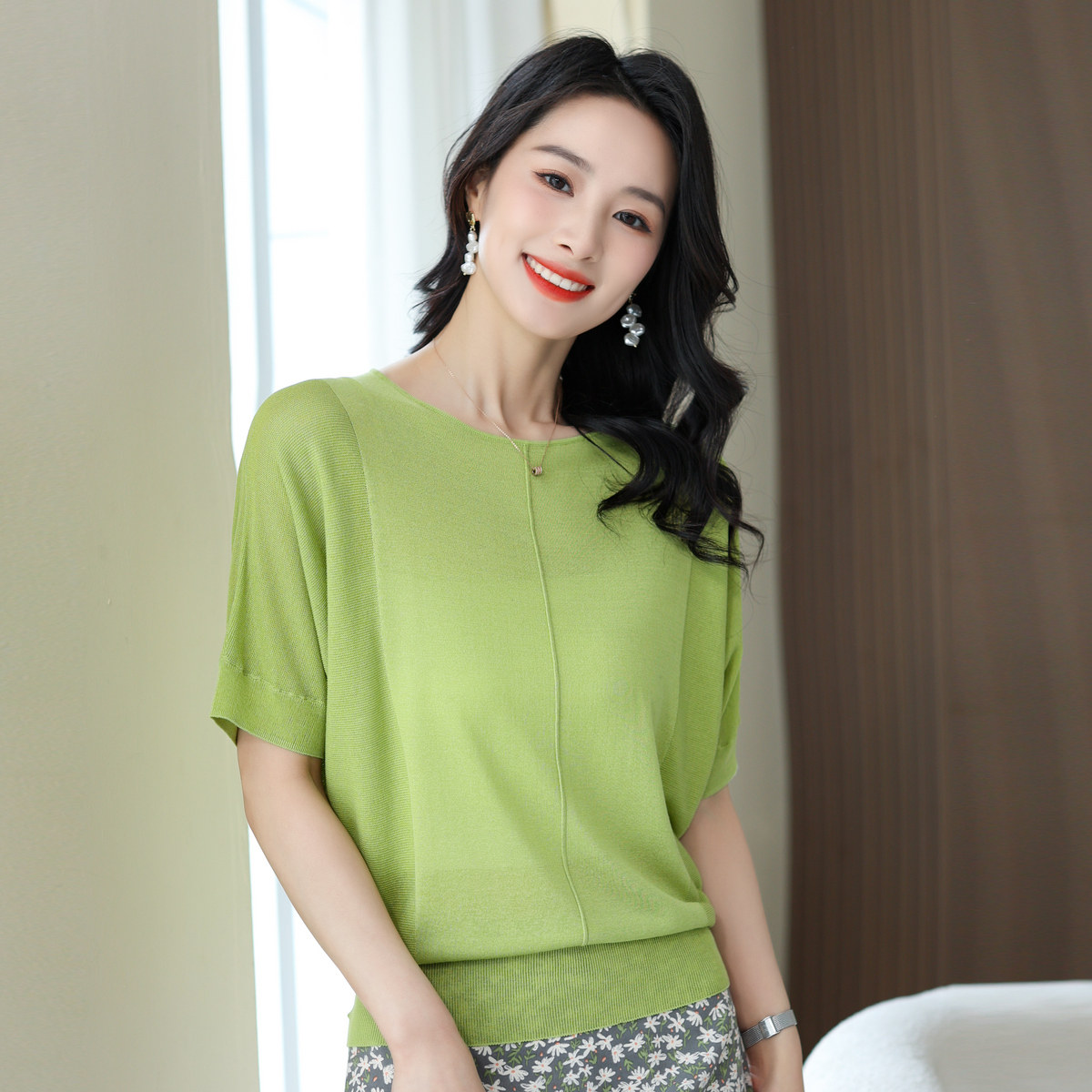 春竹桑蚕丝透气短袖女针织衫图片