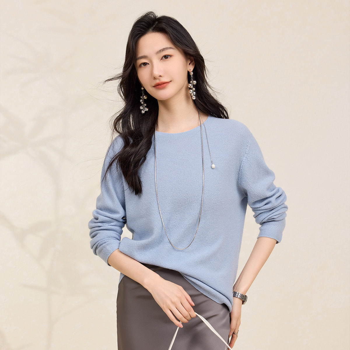 【无缝一体】春竹秋冬新款圆领纯色休闲保暖打底衫高级感女羊毛衫