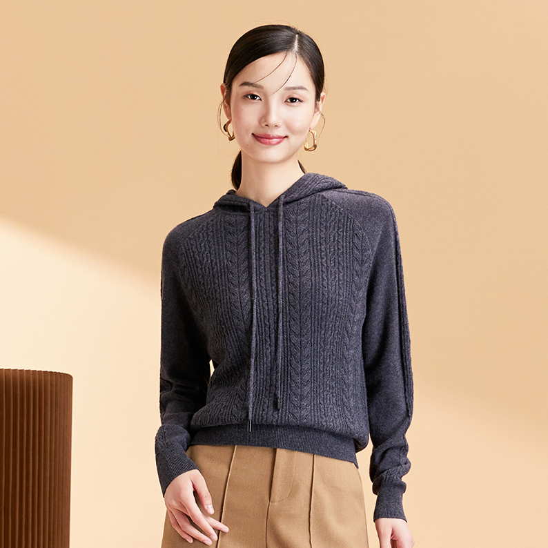 春竹2025秋冬新款100%绵羊毛时尚羊毛针织卫衣女百搭毛衣连帽套衫