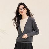 春竹100%羊毛秋冬新款 女羊毛衫 圆领慵懒风假两件减龄厚款 保暖长袖