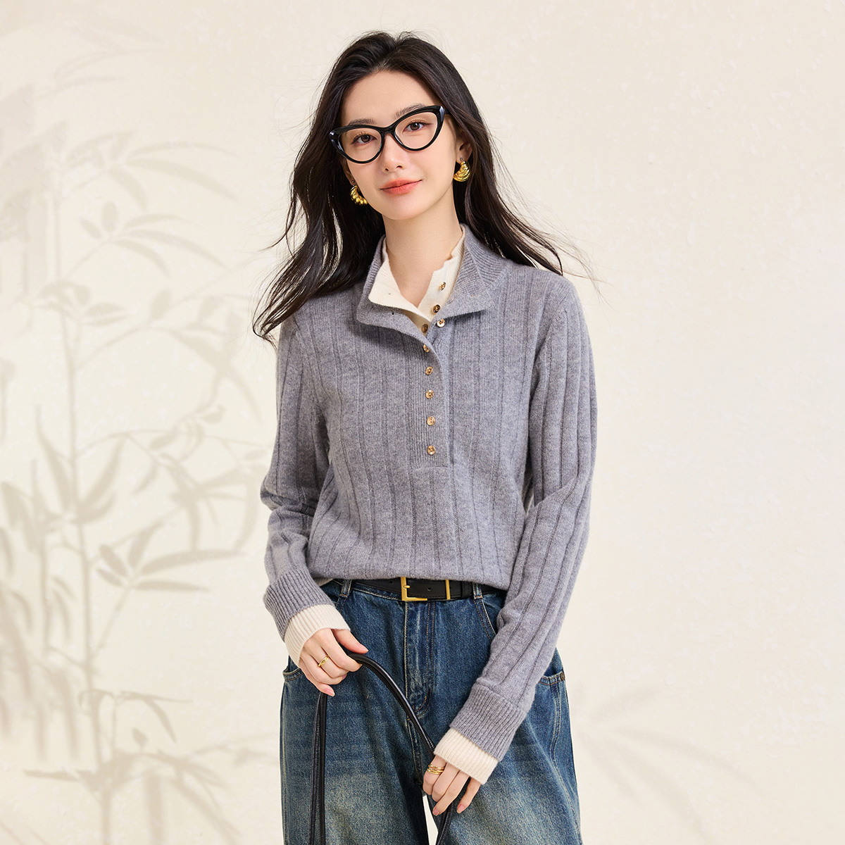 春竹厚款羊毛羊绒混纺秋冬新款高领半襟假两件精致高级感女羊毛衫