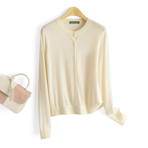 春竹秋季精纺纯羊毛圆领合体长袖毛衣外套纯色减龄女薄款针织开衫