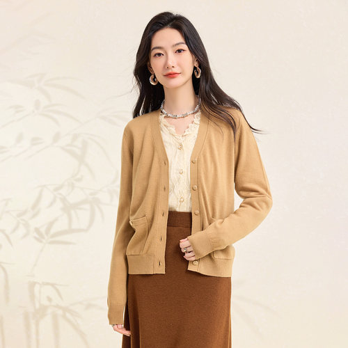 春竹100%羊毛V领清仓女开衫