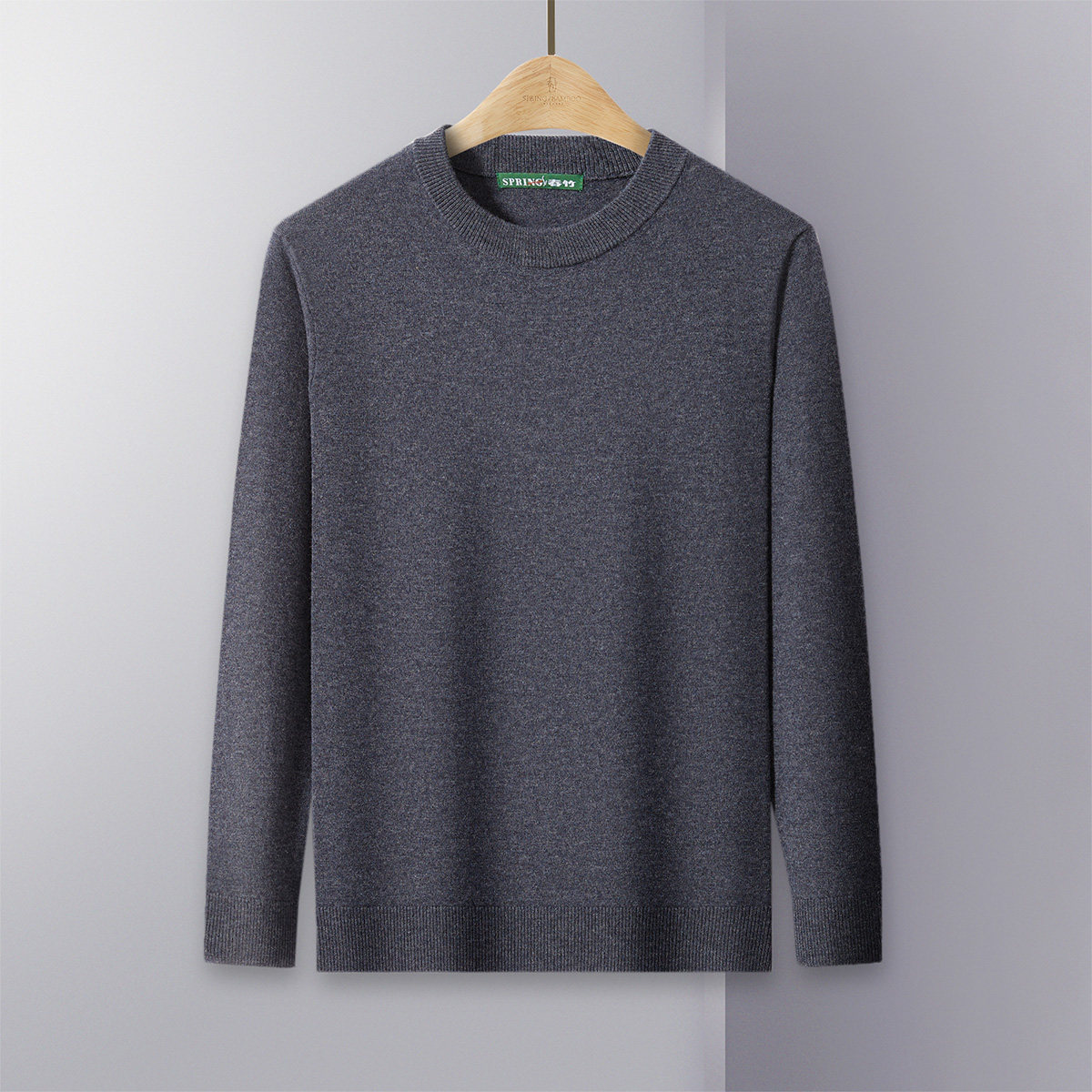 春竹100%绵羊毛2026春季新款商务休闲百搭纯色圆领打底衫男羊毛衫