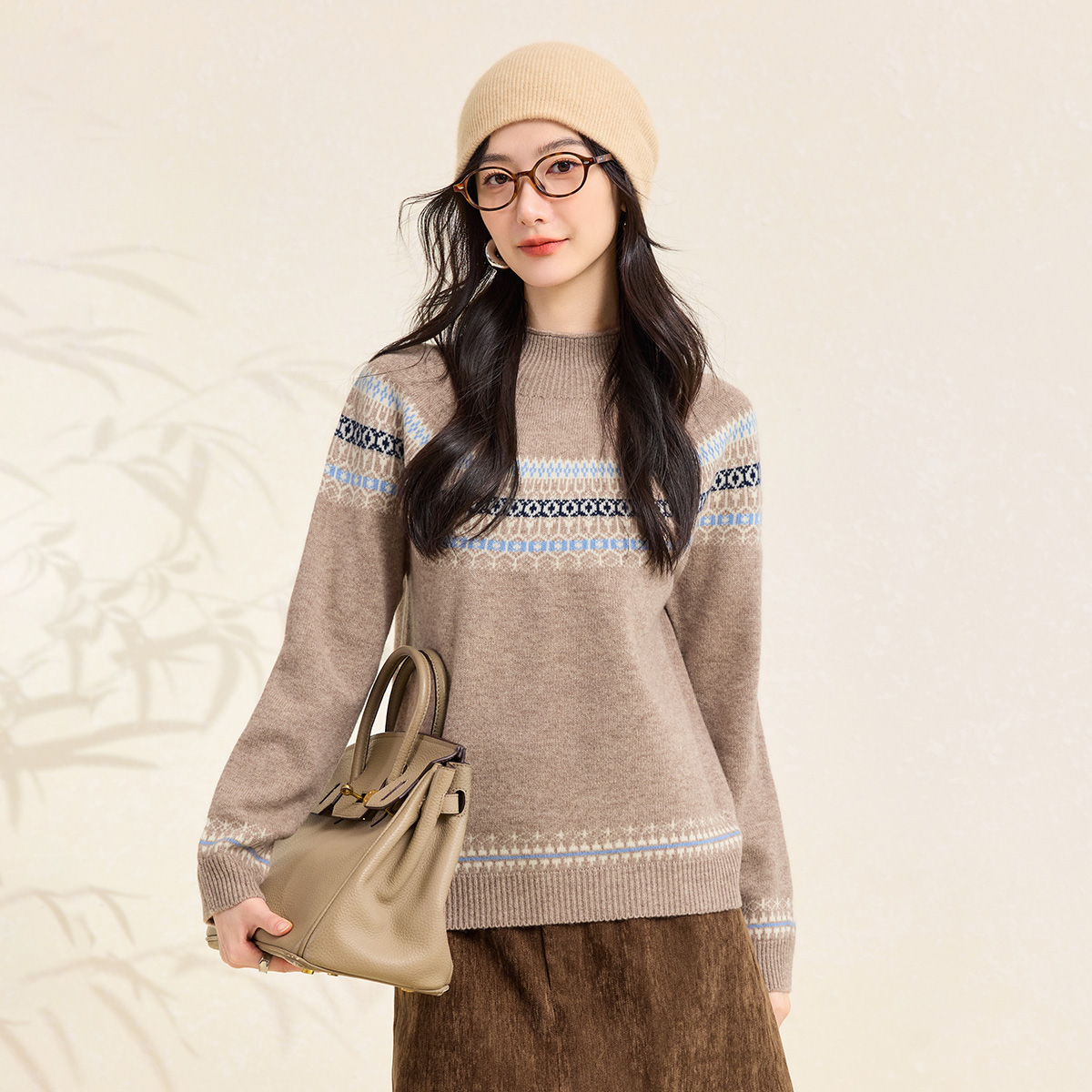 春竹厚款100%羊毛秋冬新款费尔岛提花半高领减龄保暖毛衣女羊毛衫