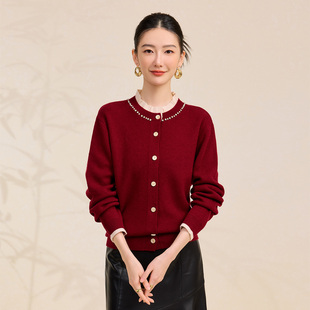 春竹25秋冬新款 100%羊毛外套圆领假两件精致高级感加厚女针织开衫