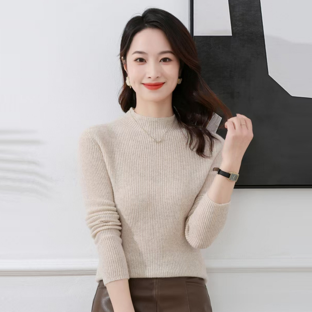 春竹100%山羊绒秋冬新款半高领抽条毛衣轻奢休闲保暖女内搭羊绒衫