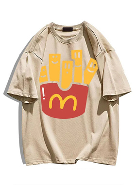 大码300斤美式潮牌卡通薯条印花短袖T恤男女BF风夏季百搭宽松上衣
