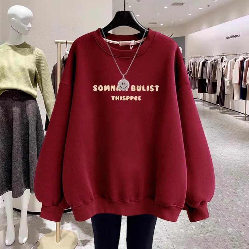 胖MM特大码300斤红色圆领卫衣女