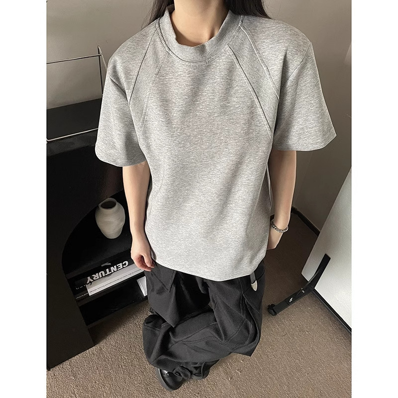 300斤浅灰色拼接正肩T恤男女短袖