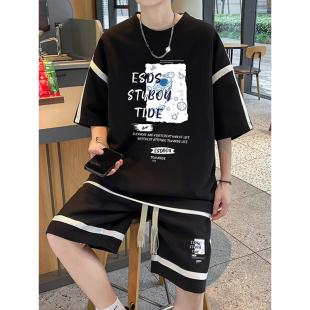 T恤短袖 男式 夏季 宽松2024新款 上衣 特大码 潮流两件套半袖 300斤套装