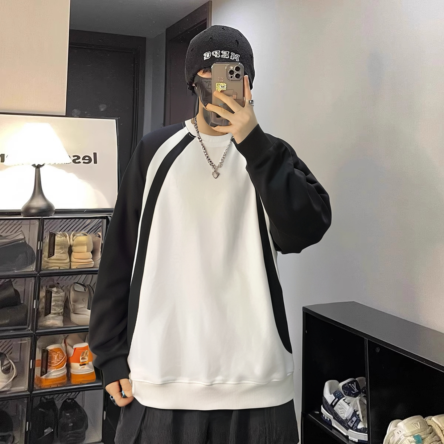特大码300斤美式设计感撞色插肩长袖衫男春秋宽松痞帅运动卫衣服