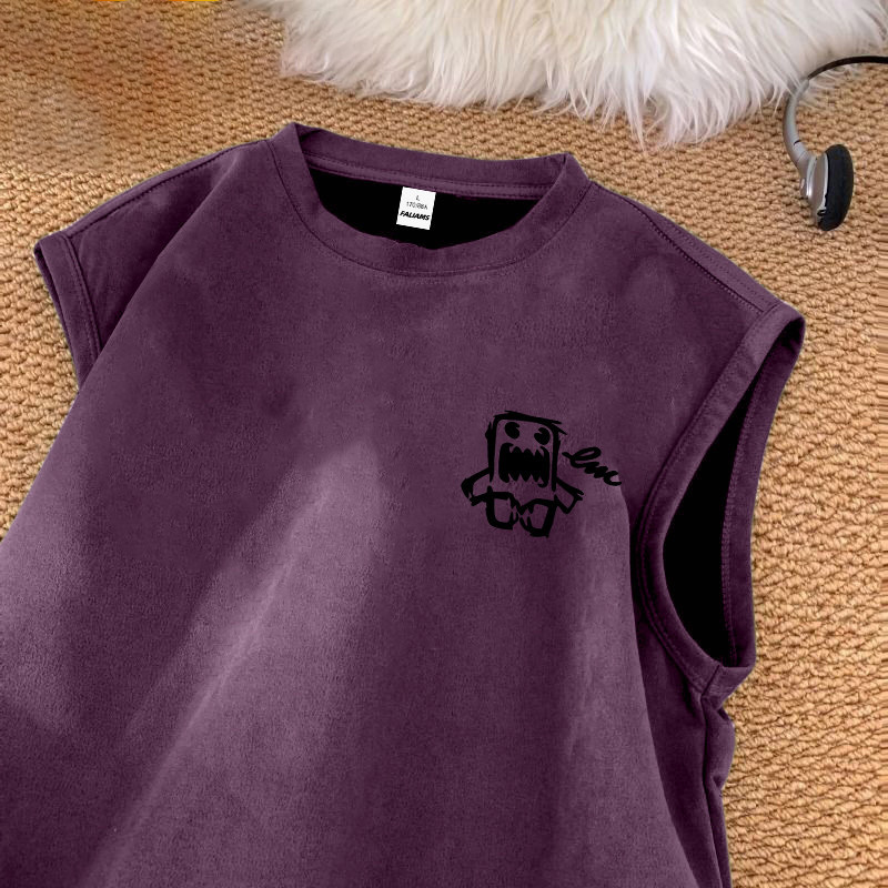 大码300斤男士休闲圆领小众简约印花背心夏季青少年个性坎肩体恤