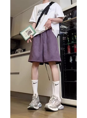 大码300斤紫色麂皮绒短裤男女夏季潮牌美式高街多巴胺穿搭五分裤2