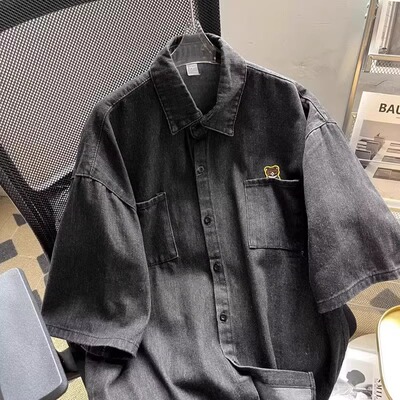 特大码300斤美式牛仔高领衬衫男