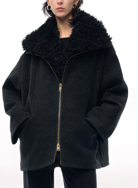 ISSIofficial*「Flagship」力量感皮毛分体拼接高立领夹克外套