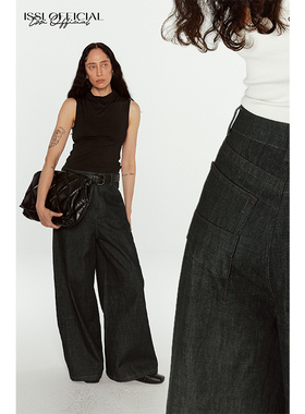 ISSIofficial*「赤耳」高腰阔腿造型喇叭牛仔裤复古中腰拖地裤