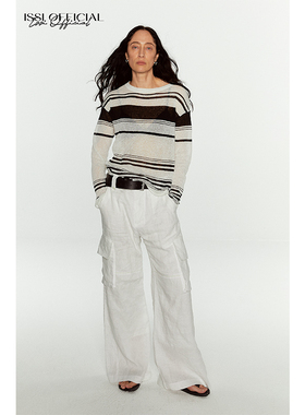 ISSIofficial*轻透亚麻混纺不规则条纹上衣撞色设计长袖毛织衫