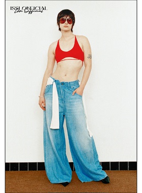 ISSIofficial*做旧磨白浅蓝全棉肌理弹力腰头阔腿宽松牛仔裤