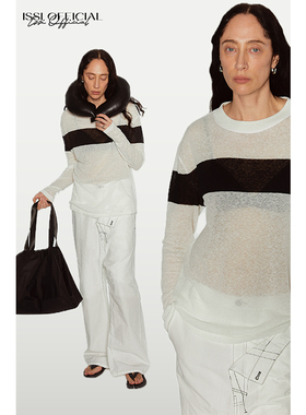 ISSIofficial*原创单色拼接设计亚麻混纺条纹上衣H形简约长袖T恤