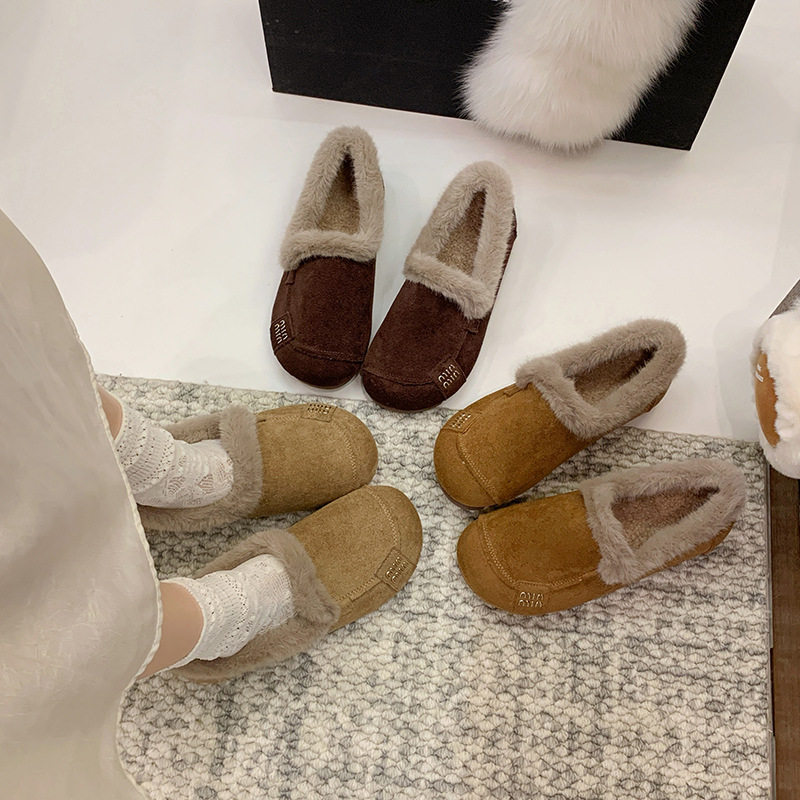 复古加绒毛毛鞋女2025年冬季新款软底外穿豆豆鞋保暖棉鞋妈妈鞋