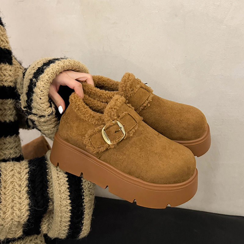 绒面厚底增高加绒保暖勃肯女鞋2025新款冬季雪地靴乐福鞋毛毛棉鞋