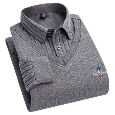 冬季男士加绒加厚V领假两件衬衫套头毛衣商务休闲保暖针织衫上衣