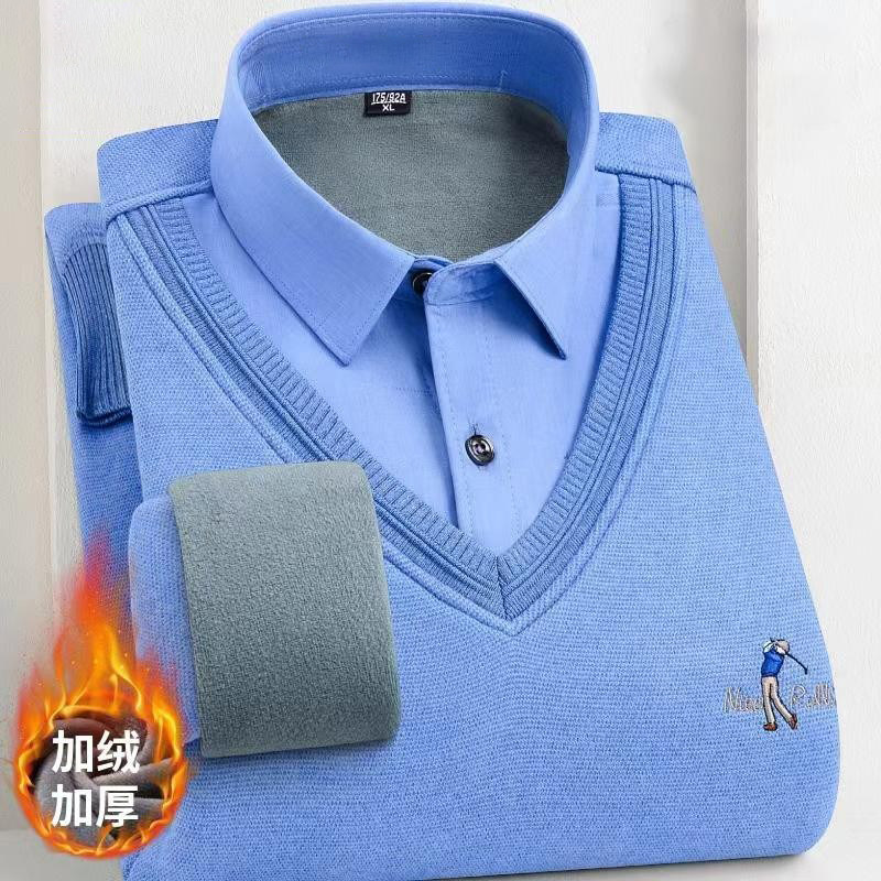 【含绵羊毛】保暖衬衫男士长袖秋冬加绒加厚假两件针织衫毛衣