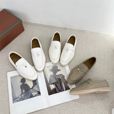 春秋新款真皮女鞋圆头白色休闲懒人一脚蹬单鞋L平底乐福鞋皮面女