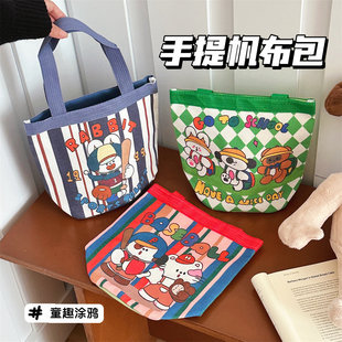 可爱涂鸦水桶包ins印花圆筒包日式 新款 复古帆布便当袋少女手提包