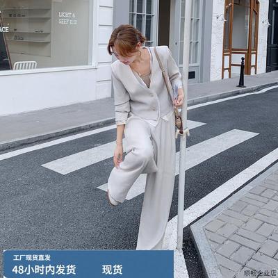 米白色假两件西装外套阔腿裤套装女2025年秋季新款时尚休闲两件套