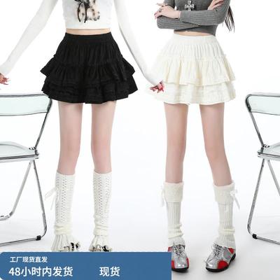 蛋糕裙半身裙女2025新款秋冬高腰小个子蕾丝花边a字蓬蓬白色短裙